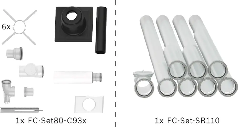 Zusammenstellung von Bauteilen für Abgasführung. Enthält Rohre, Verbindungsstücke und eine Abschlussplatte. Produkte von Bosch für den sicheren Betrieb.